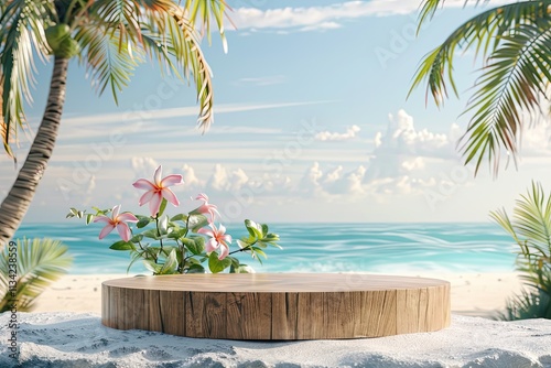 Detailed Color Image of Summer Product Display on Wooden Podium at Sea Tropical Beach