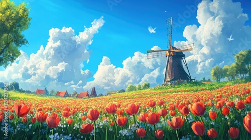 Sunny day in a tulip field with windmill.