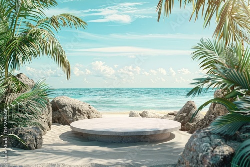 Summer Vacation Concept with a Tropical Beach Background and a Round Podium for Product Presentation