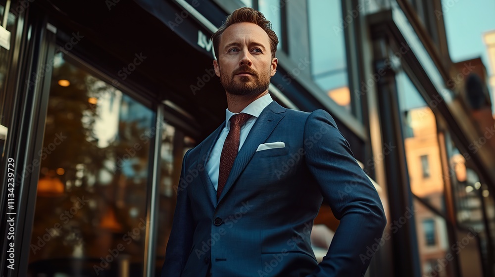 Smiling businessman in suit, confidently looking outdoors in the city Smiling businessman in suit, confidently looking outdoors in the city