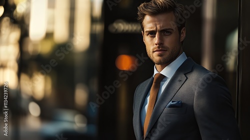 A confident businessman in a suit striding through the bustling city photo