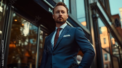 Smiling businessman in suit, confidently looking outdoors in the city