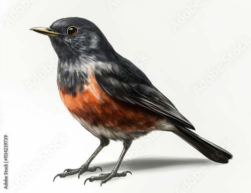 Photo of a bird with oil painting effect applied. Cute bird with great details and colours. Isolated image. White Background. Black redstart. photo