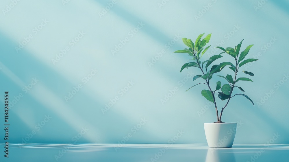 Small potted plant in sunlight against a blue wall. Small potted plant in sunlight against a blue wall.