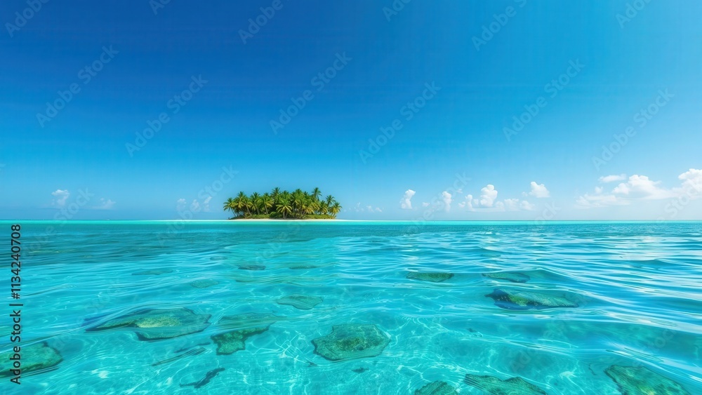 Escape to Paradise: Crystal Clear Waters and a Serene Tropical Island Under a Clear Blue Sky Escape to Paradise: Crystal Clear Waters and a Serene Tropical Island Under a Clear Blue Sky