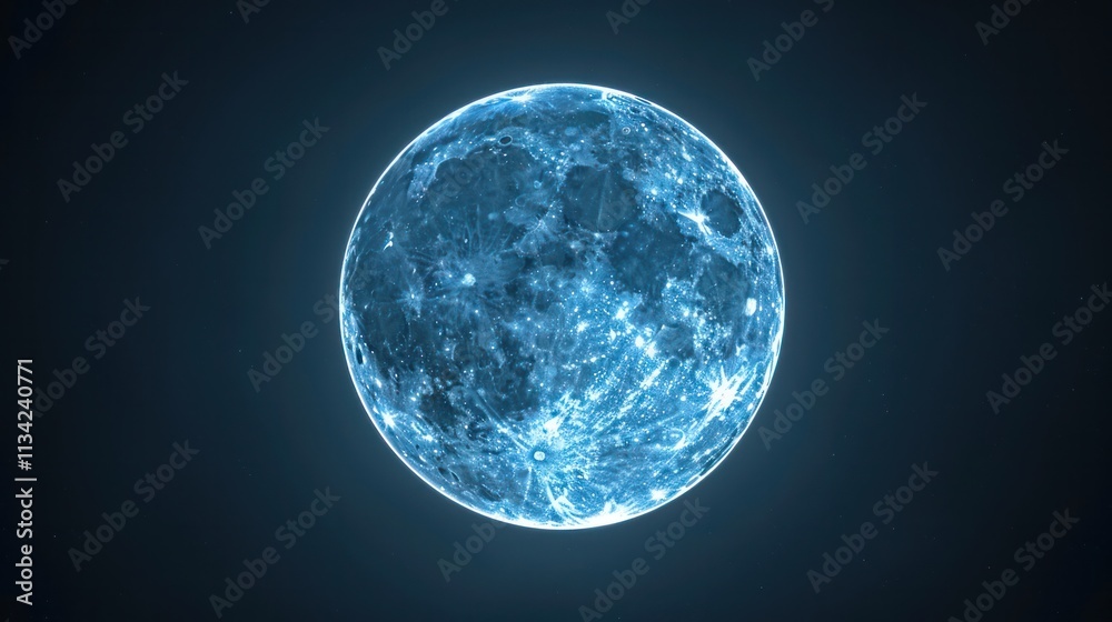 A glowing blue moon against a dark background showcasing intricate lunar details and a captivating celestial aura. A glowing blue moon against a dark background showcasing intricate lunar details and a captivating celestial aura.