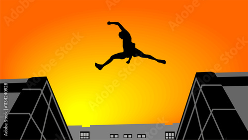 parkour silhouette, vector illustration of a man doing parkour on a building, with a twilight background