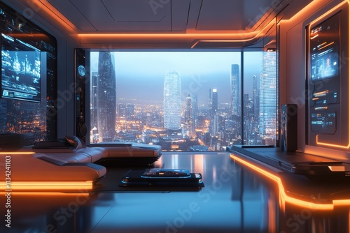 Futuristic Minimalist Living Room with Cyberpunk Cityscape
