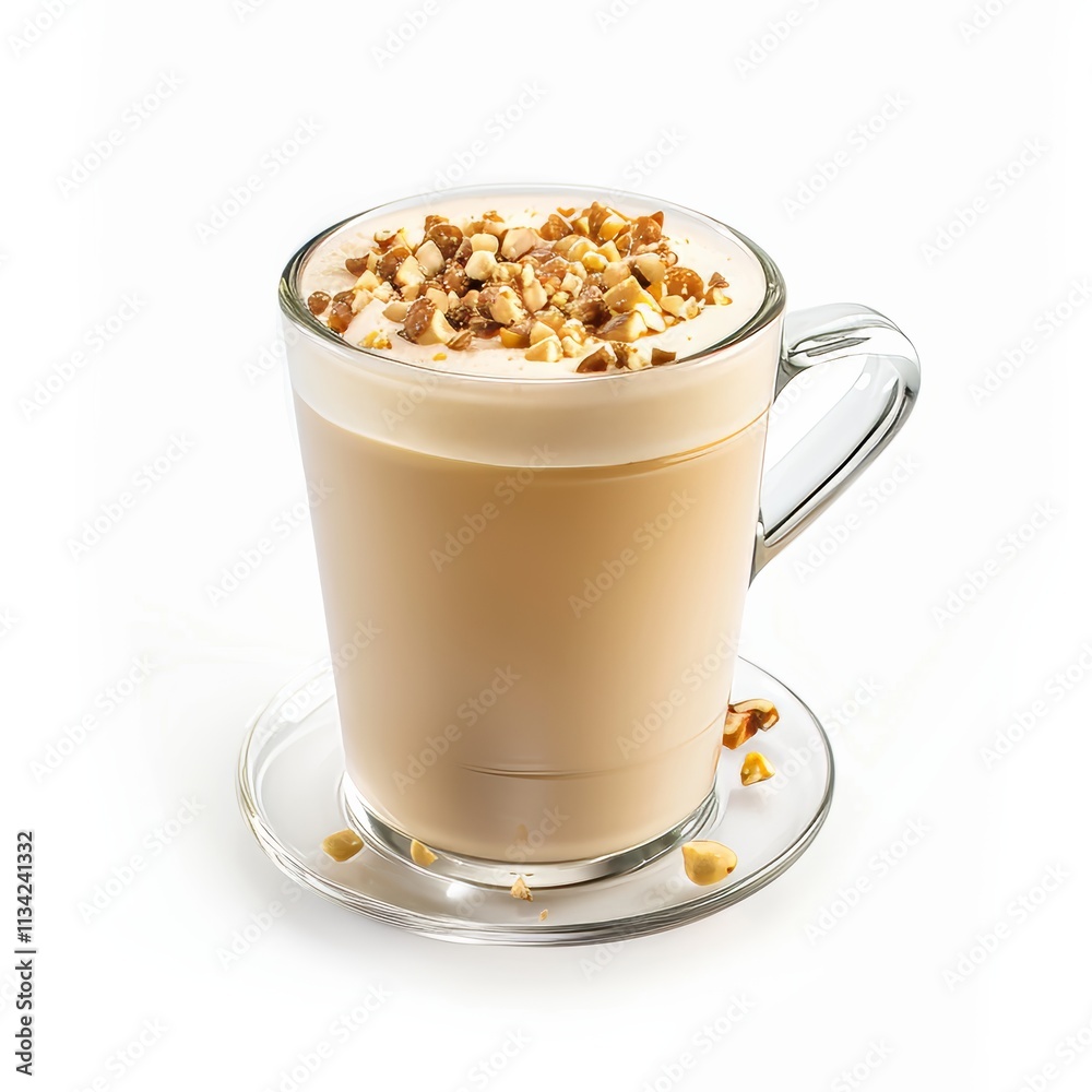 A rich and creamy hazelnut latte with a sprinkle of crushed hazelnuts, served in a modern glass cup, isolated white background A rich and creamy hazelnut latte with a sprinkle of crushed hazelnuts, served in a modern glass cup, isolated white background