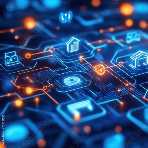 Futuristic Digital Network Communication Design with Icons and Glowing Nodes for Technology and Data Visualization in a Modern Environment
