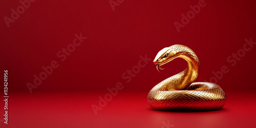 futuristic 3D rendering of smooth golden snake on red background, showcasing its elegant curves and shiny texture, evokes sense of luxury and mystique photo