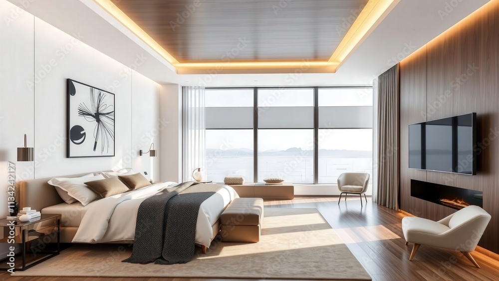 Fototapeta premium Elegant Modern Bedroom with Panoramic Ocean View, Perfect for Relaxation and Luxury Living