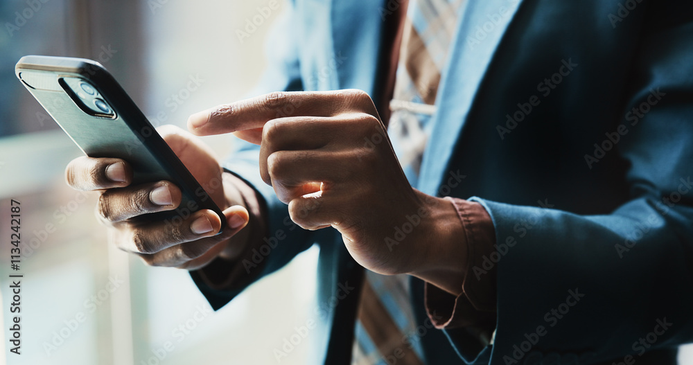 Businessman, cellphone and hands with typing as connection, network and communication in office. Male person, mobile technology and contact for online, email and internet as investment banker in firm Businessman, cellphone and hands with typing as connection, network and communication in office. Male person, mobile technology and contact for online, email and internet as investment banker in firm
