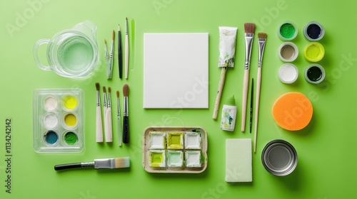 Flat lay of art supplies on a bright green background.  Watercolor paints, brushes, canvas, and other art tools are arranged neatly. photo