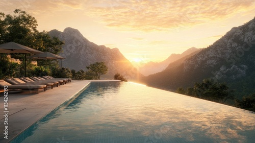 Sunrise over infinity pool with mountain view, luxury resort.