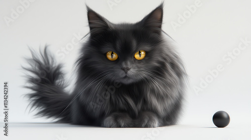 A photorealistic rendering of a sleek long-haired cat with a deep smoky-gray coat and luminous yellow eyes, crouched in an alert position on a pure white background. Every strand of fur is meticulousl photo