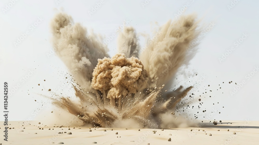 Sand flying, explosion on white background, creating a dynamic and intense scene. The swirling sand and the powerful burst of the explosion make for a visually striking and chaotic moment. Sand flying, explosion on white background, creating a dynamic and intense scene. The swirling sand and the powerful burst of the explosion make for a visually striking and chaotic moment.