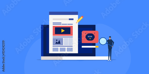 Blog or website article, image and video creation with AI technology. Content marketing concept.