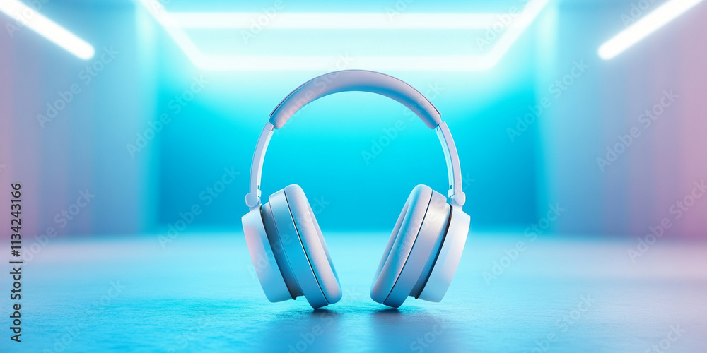 smooth and stylish 3D depiction of metallic headphones in vibrant setting. design showcases modern aesthetics with sleek finish, perfect for music lovers
