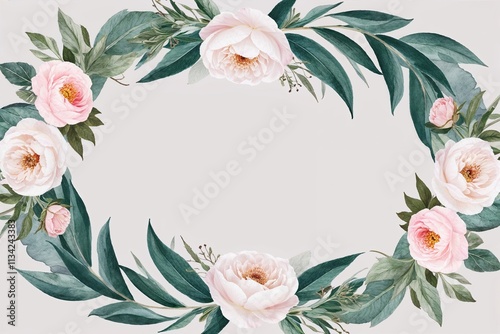 Elegant Watercolor Floral Border Design with Jade Green Leaves White Petals Rose Accents and Peony Blooms for Bridal Stationery and Backgrounds