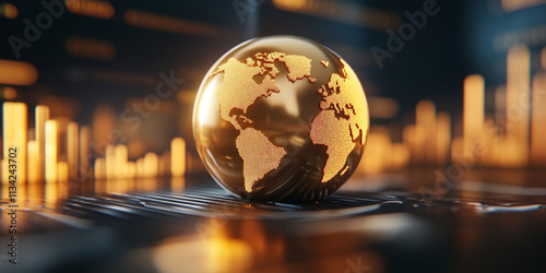 golden globe representing world, symbolizing economic growth and prosperity, set against backdrop of digital data and financial charts
