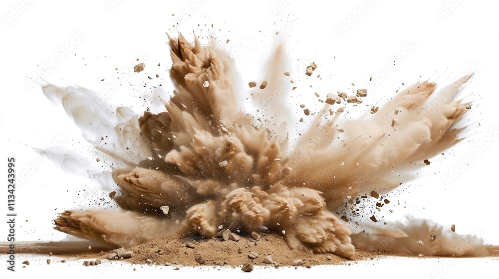 Sand flying, explosion on white background, creating a dynamic and intense scene. The swirling sand and the powerful burst of the explosion make for a visually striking and chaotic moment. Sand flying, explosion on white background, creating a dynamic and intense scene. The swirling sand and the powerful burst of the explosion make for a visually striking and chaotic moment.