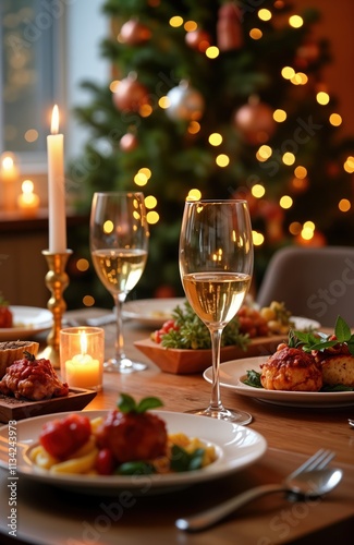 Festive Christmas dinner set. Table decorated. Food on plates. Wine glasses filled. Candles lit. Christmas tree blurred in background. Perfect festive meal scene. Romantic dinner for celebration.