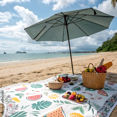 Wallpaper Mural A cozy beach picnic setup with a blanket, cushions, picnic basket. Torontodigital.ca