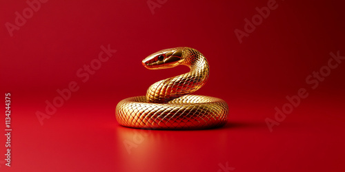 minimalistic 3D rendering of flawless golden snake on red background, showcasing its intricate scales and elegant posture. vibrant colors create striking visual impact