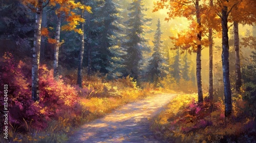 Autumn path in forest with sunlight shining.