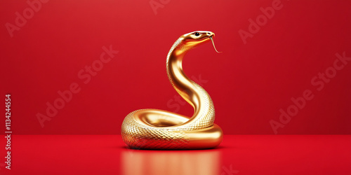 minimalistic 3D depiction of golden snake on vibrant red background, showcasing its elegant curves and shiny texture, evokes sense of luxury and intrigue