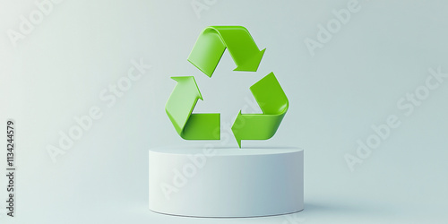 minimalistic 3D depiction of glossy green recycling symbol on white pedestal, representing sustainability and eco friendliness. This design emphasizes environmental awareness and responsibility photo