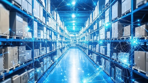 Modern Warehouse with Boxes and Futuristic Digital Connections