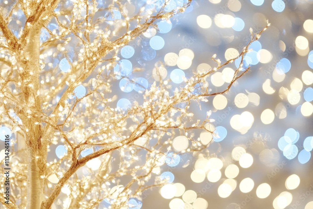 Naklejka premium Twinkling Fairy Lights on Tree Branches Against a Soft Bokeh Background for Dreamy Holiday or Celebration Ambiance