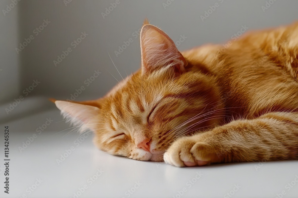 Sleepy orange tabby cat resting peacefully in a sunny bright room on a white surface