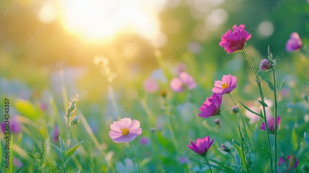 Fototapeta premium Spring Meadow with Blooming Wildflowers in Soft Light