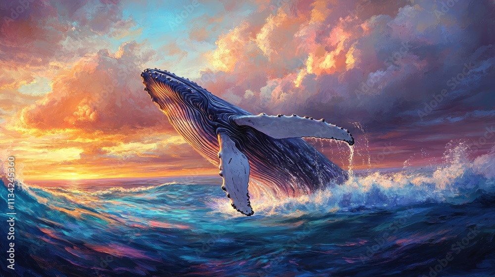 Fototapeta premium Majestic whale breaching at sunset, ocean waves.