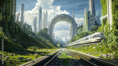Temporal Journey: Train Through Time Anomaly - Ray Tracing Illustration of Lush Green Countryside and Futuristic Cityscape, Ultra-Detailed Cinematic Light
