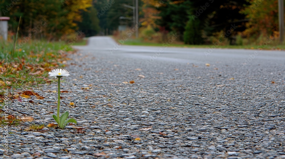 Fototapeta premium Resilient Flower Growing Through Cracked Asphalt Roadside