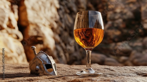 Ancient Roman Helmet and Wine Glass on Rustic Stone Surface in Warm Sunlight photo