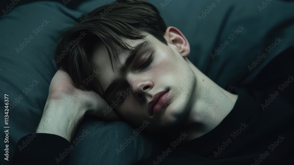 Young Man Sleeping Peacefully on Soft Pillow in Cozy Room Young Man Sleeping Peacefully on Soft Pillow in Cozy Room
