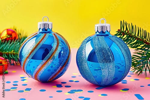 Wallpaper Mural Vibrant Blue Christmas Ornaments with Glitter Stripes on a Colorful Festive Background. Torontodigital.ca