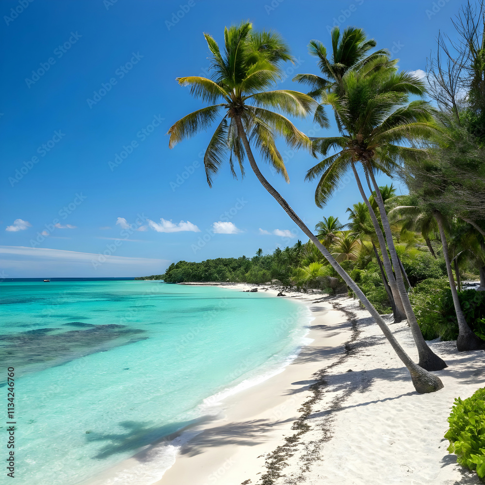 Fototapeta premium A vibrant beach scene with turquoise waters, soft white sand, palm trees swaying.