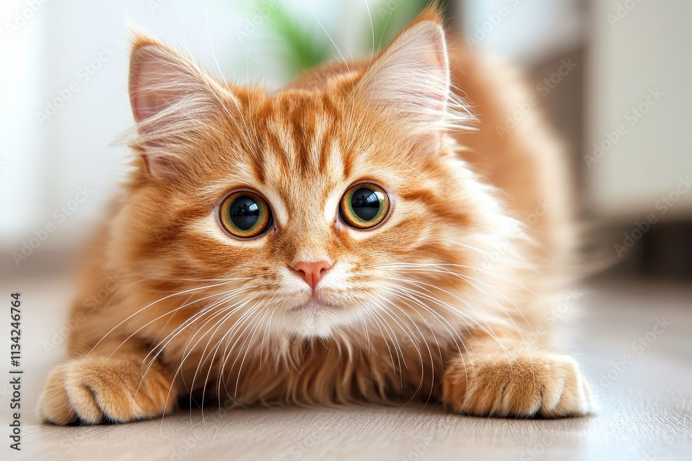 Adorable Ginger Cat with Big Eyes Prowling on a Soft Surface in Bright Indoor Setting Adorable Ginger Cat with Big Eyes Prowling on a Soft Surface in Bright Indoor Setting