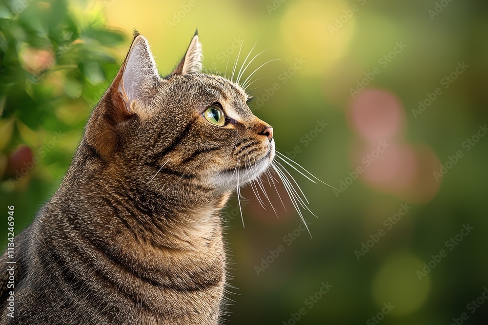 Thoughtful Tabby Cat Profile in Natural Outdoor Setting with Soft Bokeh Background Thoughtful Tabby Cat Profile in Natural Outdoor Setting with Soft Bokeh Background
