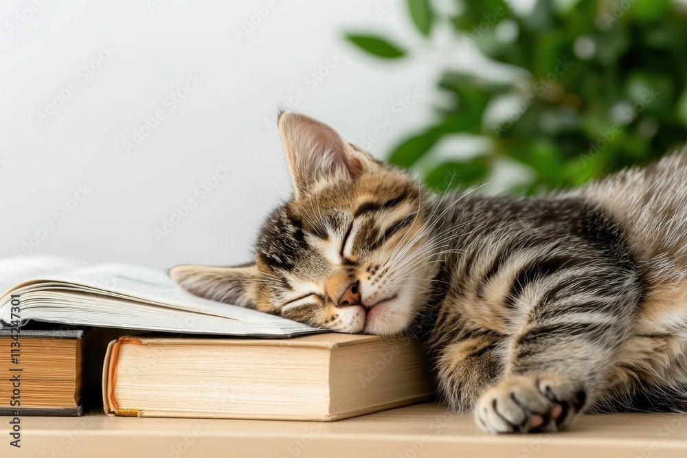 Cute Tabby Cat Sleeping on Books with Green Leaves in Background Cute Tabby Cat Sleeping on Books with Green Leaves in Background