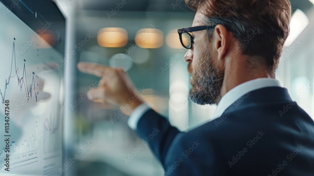 A charismatic businessman points towards a rising graph on a digital screen. A charismatic businessman points towards a rising graph on a digital screen.