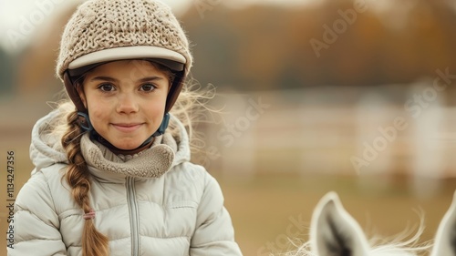 A determined girl's focused expression as she learns to ride, her eyes briefly acknowledging the camera.