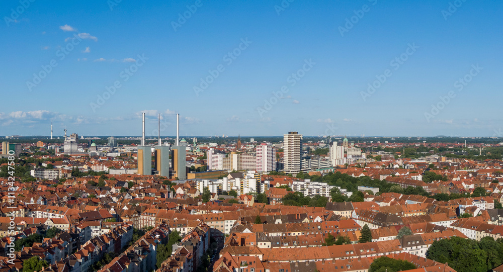 Aerial view of Hannover-Linden Power Plant and Ihme Center residential complex, Germany