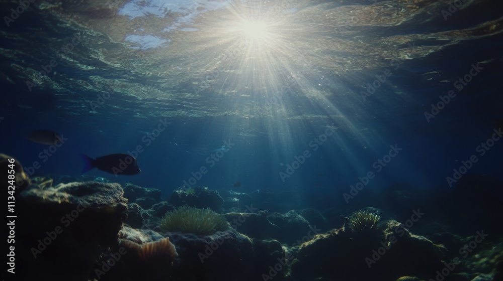 Fototapeta premium Underwater sun rays through water, coral reef, marine life.